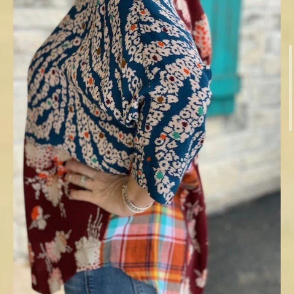 Sz XS/S Ivy Jane Floral & Plaid Patchwork Shirt - Picture 5 of 12